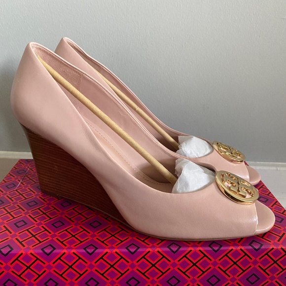 Tory Burch | Shoes | Tory Burch Benton 2 85mm Peep Toe Wedge Nappa Leather  Seashell Pinkgold 5 41 | Poshmark